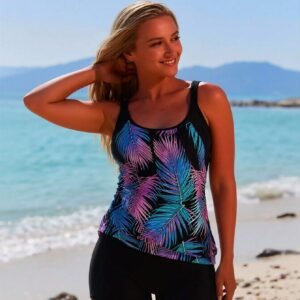 2026 New Women's Sexy Fashion Black Base & Colorful Palm Leaf Print Tummy-Control Two-Piece Boyleg Swimsuit For Vacation & Leisure Swimwear