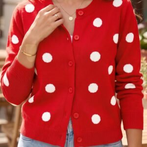 Fiery Red Casual Polka Dot Button Front Long Sleeve Sweater Cardigan