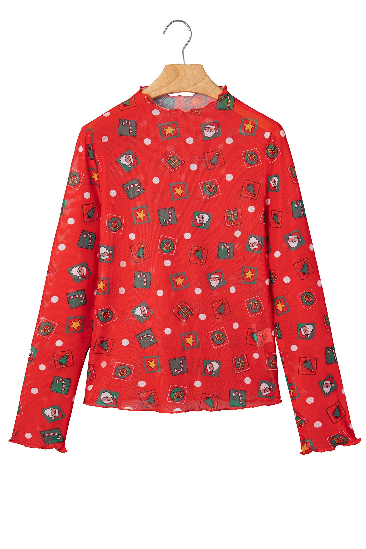 Fiery Red Christmas Elements Printed Long Sleeve Sheer Mesh Top