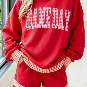 Fiery Red Game Day Gingham Trim Graphic Long Sleeve Top Shorts Set