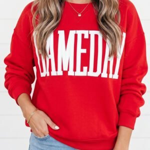 Fiery Red GAMEDAY Embroidered Patch Pattern Casual Shift Sweatshirt