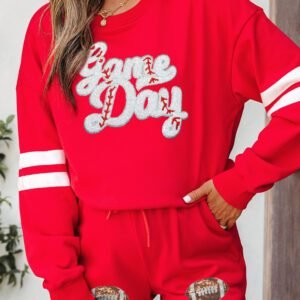 Fiery Red Glitter Game Day Slogan Football Patch Varsity Graphic Two Piece Set