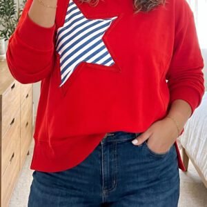 Fiery Red Patch Embroidery Star Colorblock Plus Size Sweatshirt