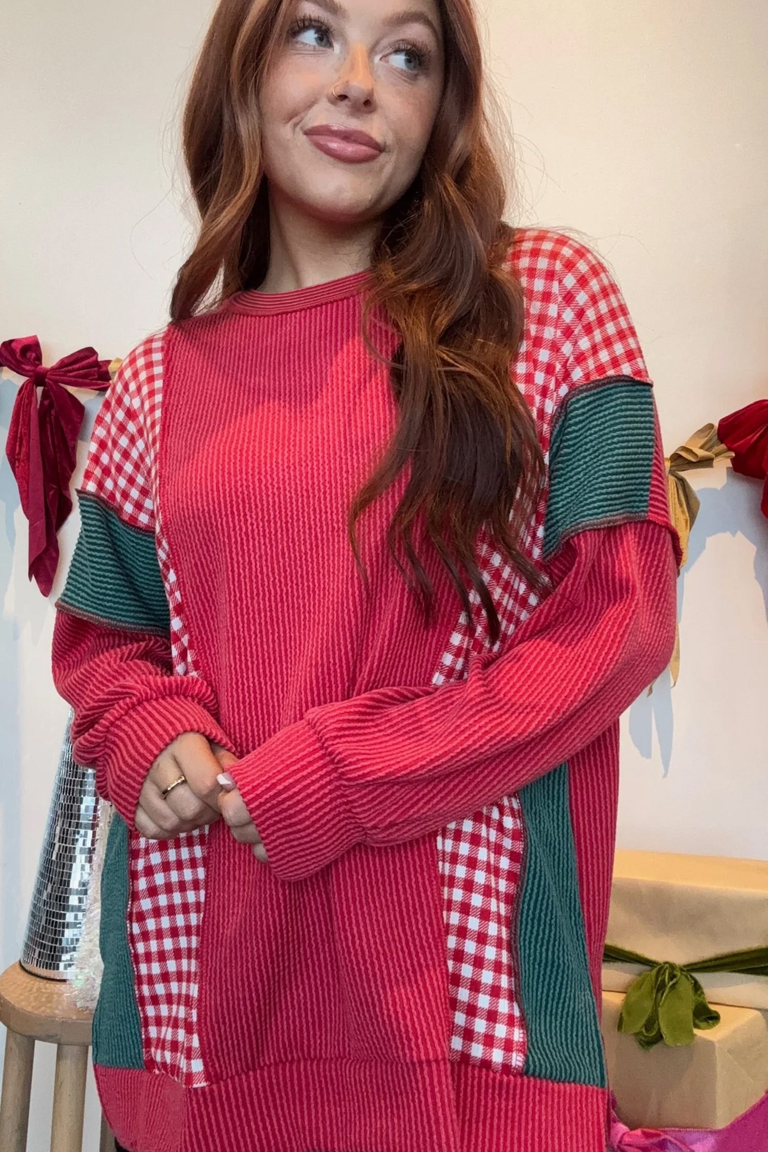 Fiery Red Patchwork Plaid Colorblock Twist Rib Round Neck Long Sleeve Top
