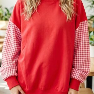 Fiery Red Plaid Sleeve Colorblock Loose Tunic Sweatshirt