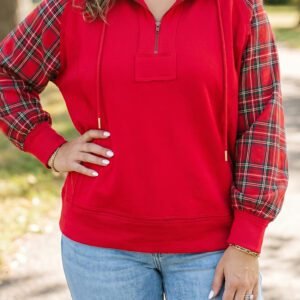 Fiery Red Plaid Sleeve Colorblock Zip-Up Shift Silhouette Ribbed Hem Plus Size Hoodie