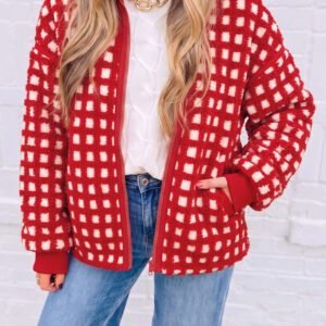 Fiery Red Plaid Zip-up Long Sleeve Jacket
