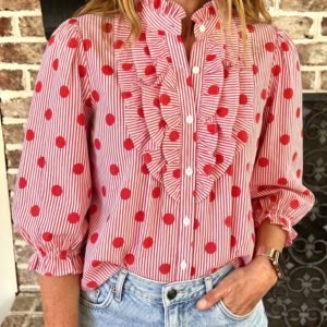 Fiery Red Polka Dot Striped Print Ruffle Stand Neck 3/4 Sleeve Shift Shirt