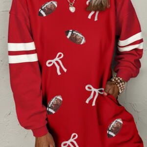 Fiery Red Sequin Rugby Bow Graphic Varsity Striped Sleeve Shift Mini Dress
