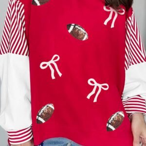 Fiery Red Sequin Rugby Bow Print Striped Color Block Sleeve Patchwork Graphic Sweatshirt