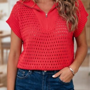 Fiery Red Solid Color Hollowed Knit Short Sleeve Zipper Collar Knitwear Top
