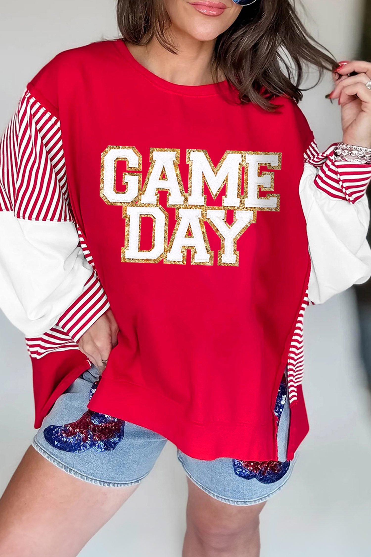 Fiery Red Striped Color Block Sleeve Game Day Graphic Pullover Sweatshirt