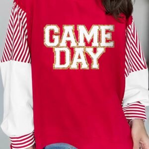 Fiery Red Striped Color Block Sleeve Game Day Graphic Pullover Sweatshirt