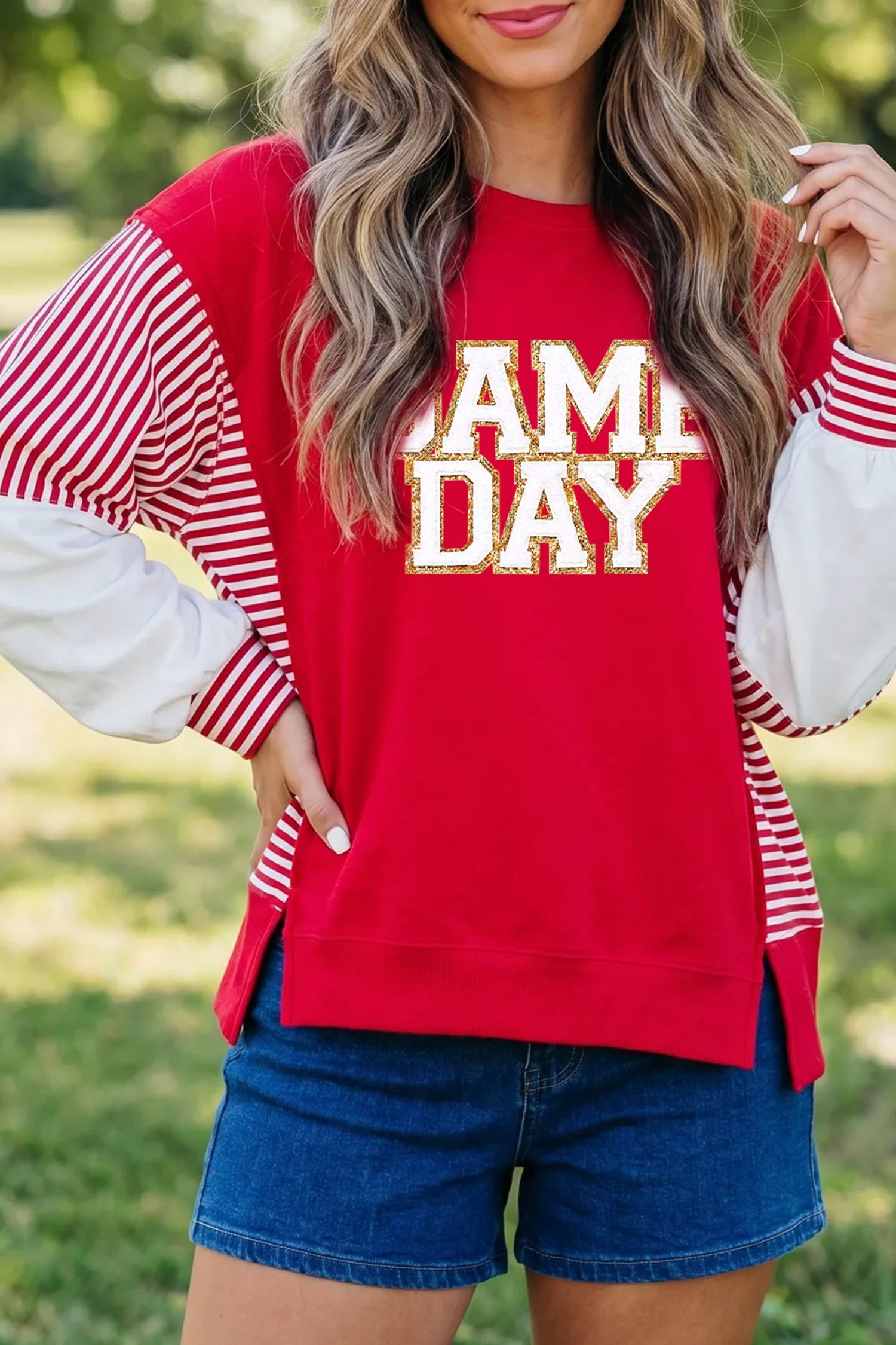Fiery Red Striped Color Block Sleeve Game Day Graphic Pullover Sweatshirt