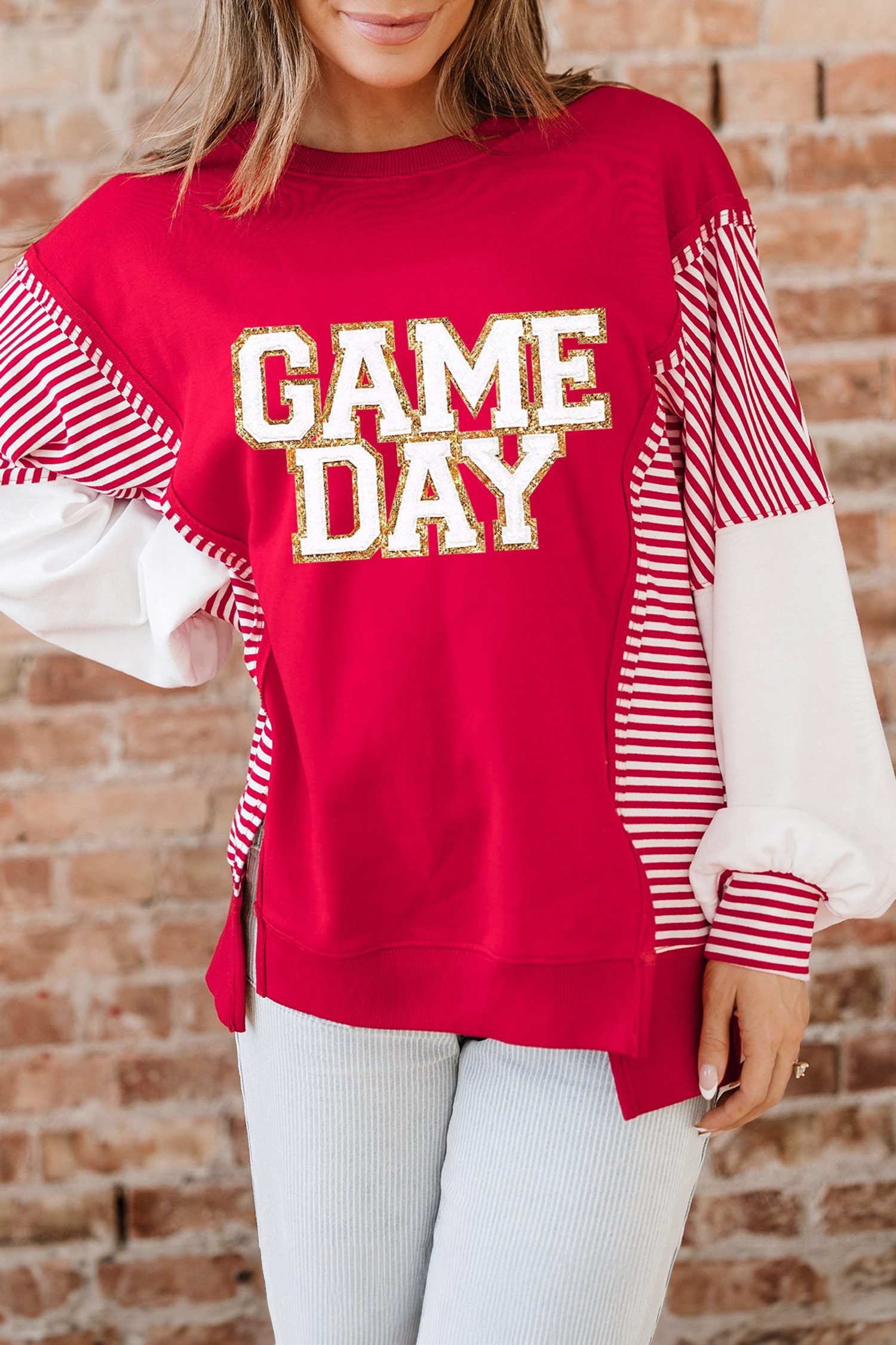 Fiery Red Striped Color Block Sleeve Game Day Graphic Pullover Sweatshirt