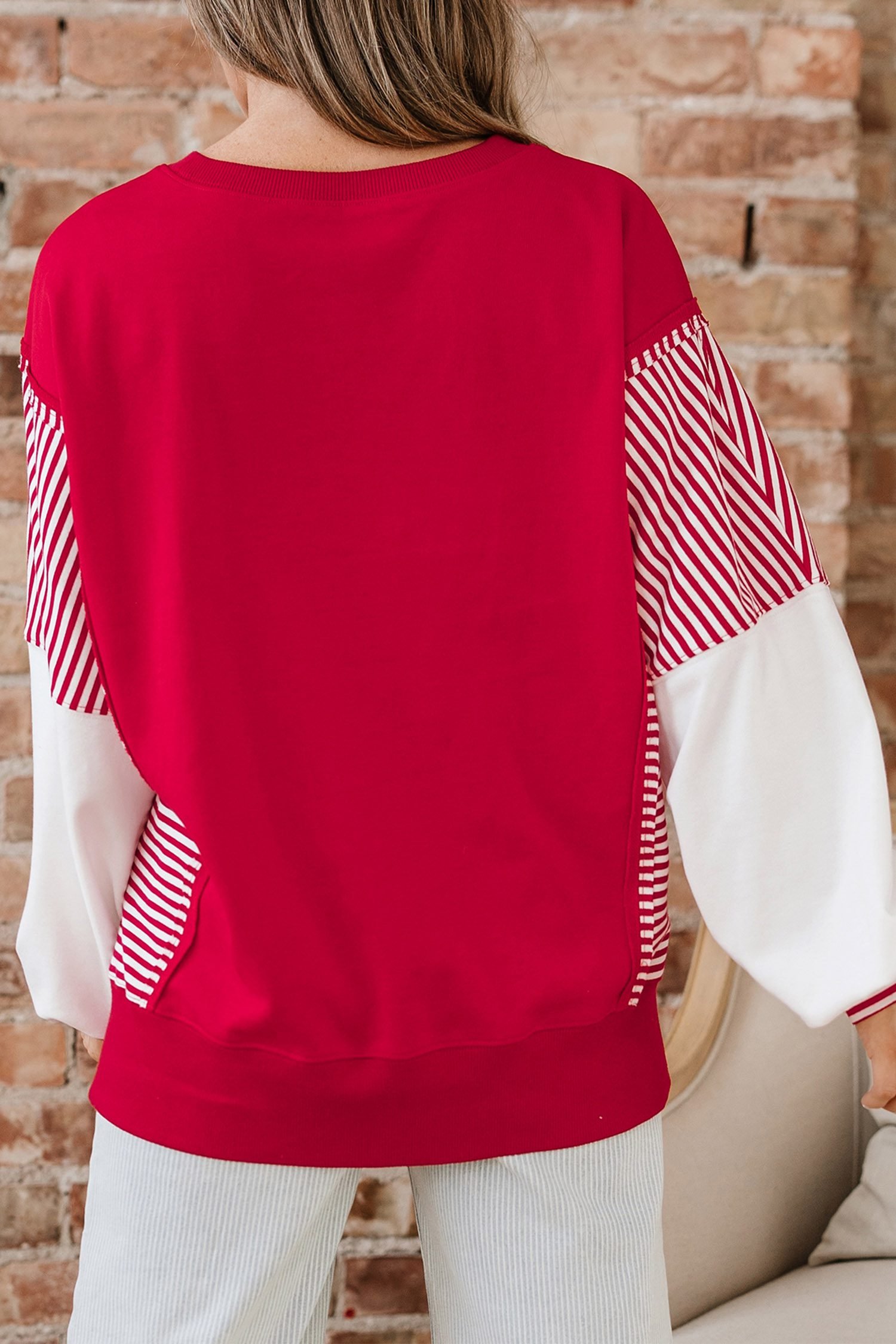 Fiery Red Striped Color Block Sleeve Game Day Graphic Pullover Sweatshirt