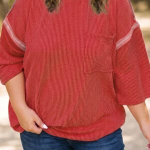Fiery Red Twist Ribbed Tunic Round Neck Bracelet Sleeve Plus Size Blouse