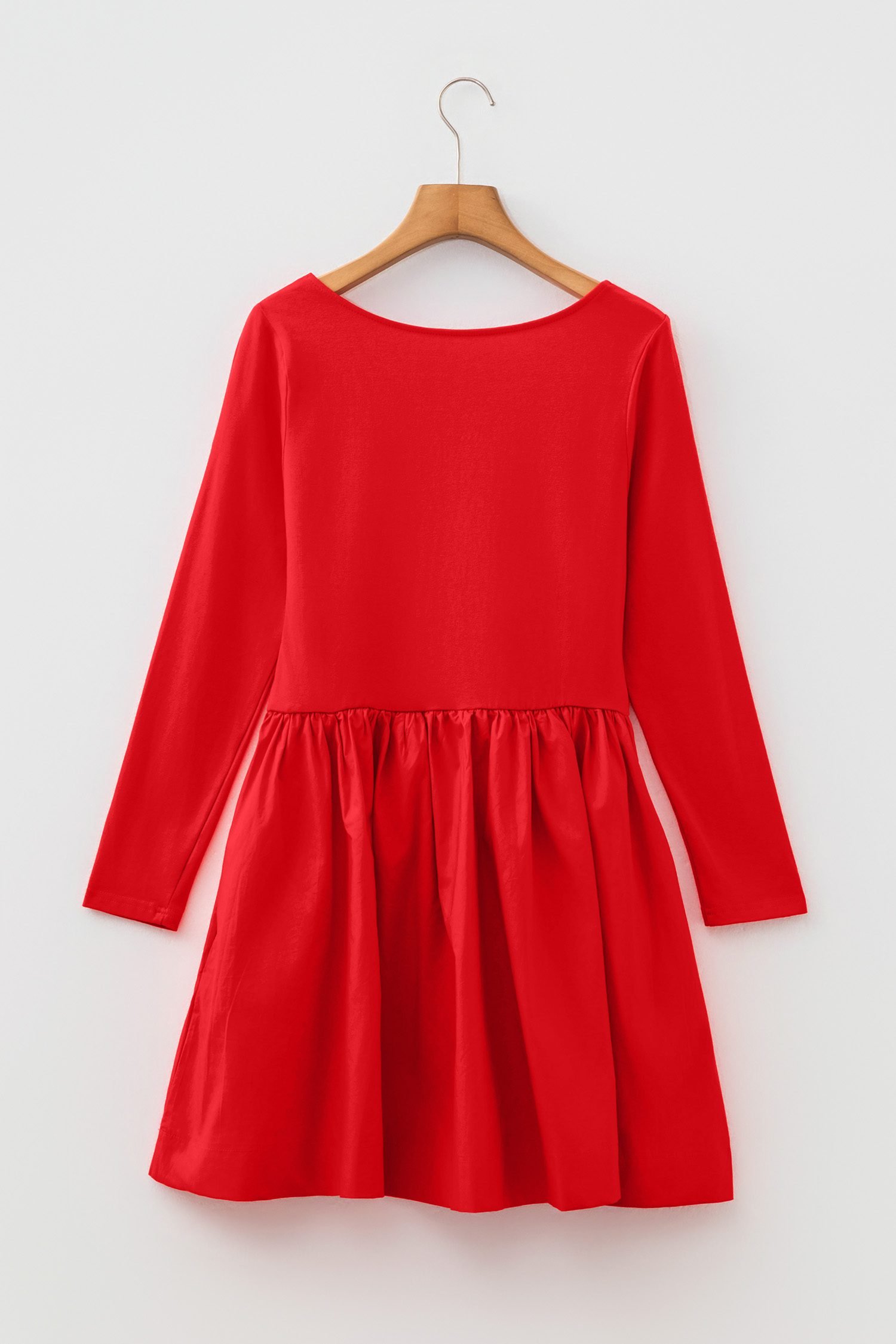 Fiery Red U Neck Long Sleeve Fit and Flare Short Dress