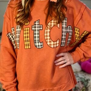 Flamingo Halloween Witchy Plaid Slogan Embroidered Patch Tunic Sweatshirt