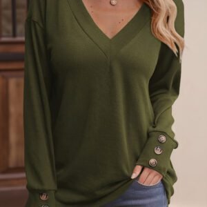 Four Leaf Clover Buttoned Cuffs Drop Shoulder Long Sleeve V Neck Solid Top