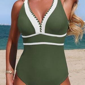 Four Leaf Clover Color Block Trim V Neck Crossed Straps One Piece Swimsuit
