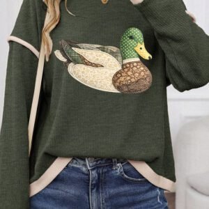 Four Leaf Clover Mallard Duck Graphic Contrast Trim Patchwork Casual Knit Top