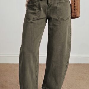 Four Leaf Clover Solid Color Square Patch Pocket Ankle-length Barrel Jeans