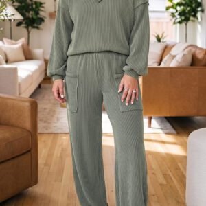 Four Leaf Clover Twisted Ribbed Exposed Seam Detail V Neck Pullover Plus Size Pant Set