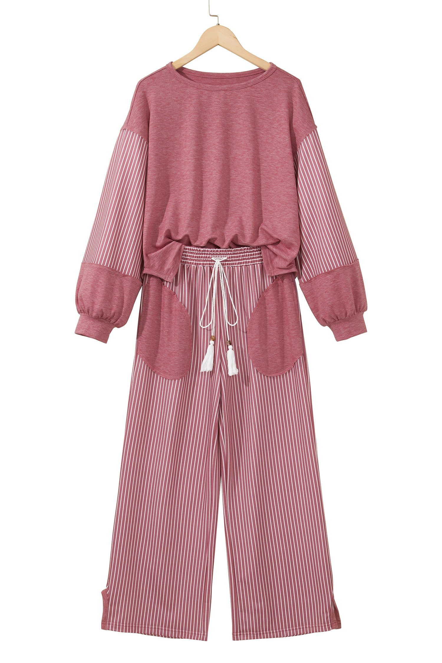 Fushia Raw Seam Patchwork Long Sleeve Top Pocket Casual Pants 2pcs Set