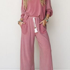 Fushia Raw Seam Patchwork Long Sleeve Top Pocket Casual Pants 2pcs Set