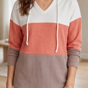 Gold Flame Ribbed Colorblock Hooded Pullover Long Sleeve Top