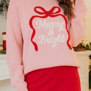 Gossamer Pink Drop Shoulder Round Neck Towel Embroidery Slogan Pullover Sweater