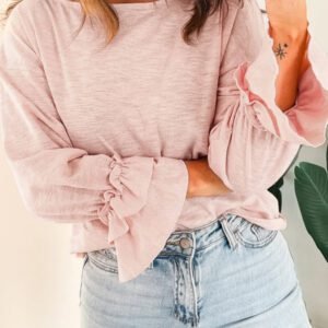Gossamer Pink Long Sleeve Ruffle Cuff Casual Elegant Top
