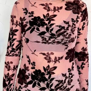 Gossamer Pink Retro Floral Print Mesh Long Sleeve Pullover Blouse