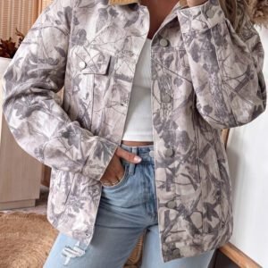 Gray Abstract Camo Print Colorblock Collar Oversized Shift Silhouette Denim Jacket