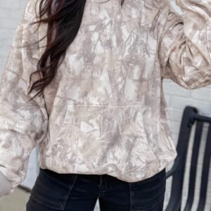 Gray Abstract Print Ribbed Cuffs Hem Long Sleeve Hoodie
