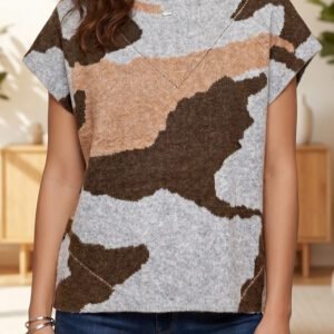 Gray Camouflage Pattern Drop Shoulder High Neck Short Sleeve Shift Sweater