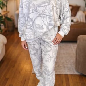Gray Camouflage Print Stand Neck Long Sleeve Regular Fit Plus Size Set