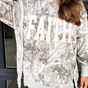 Gray Faith Embroidered Graphic Casual Pullover Camo Sweatshirt