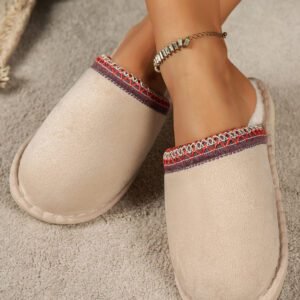 Gray Faux Suede Plush Liner Contrast Embroidered Detail Winter Slippers