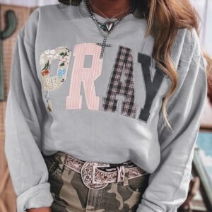 Gray Floral Buffalo Plaid Striped Embroidered Patch Western Pullover Sweatshirt