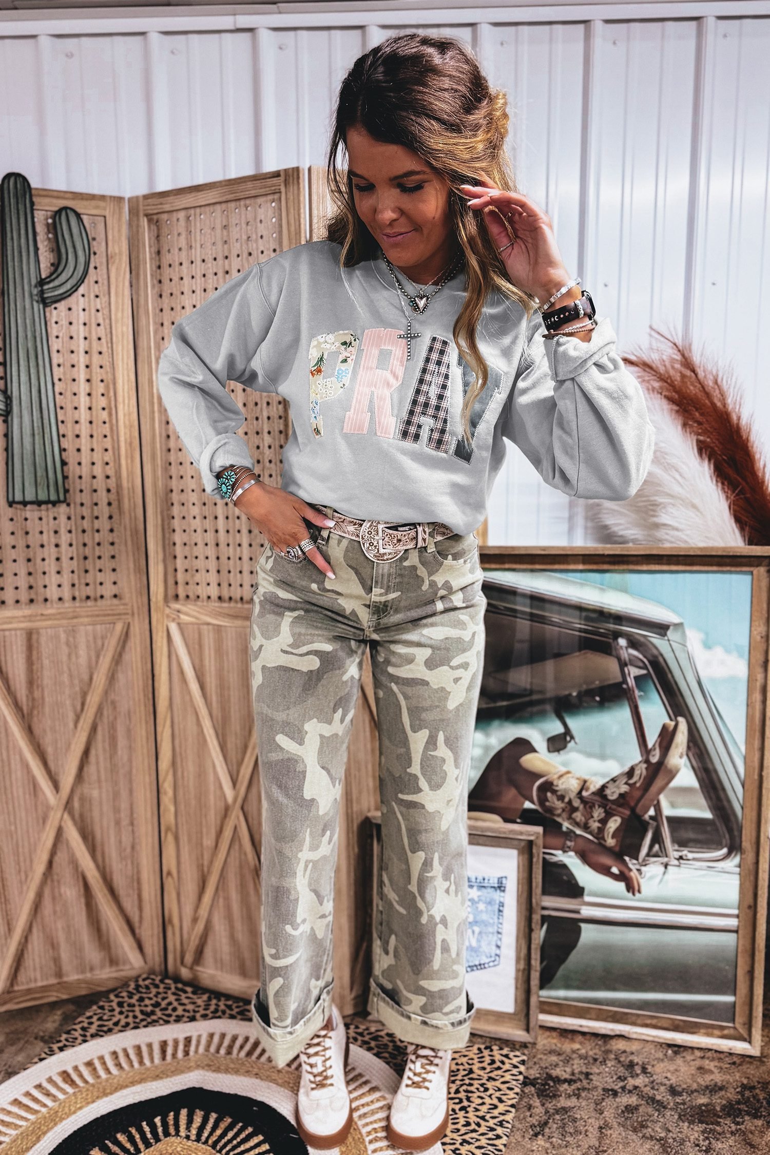 Gray Floral Buffalo Plaid Striped Embroidered Patch Western Pullover Sweatshirt