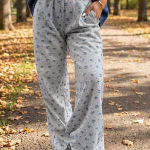 Gray Floral Print Elastic Waist Full Length Regular Pants