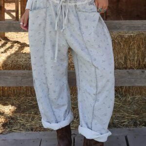 Gray Floral Print Elastic Waist Regular Fit Pants