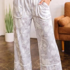 Gray Floral Print Wide Leg Ankle-Length Elastic Waistband Pants