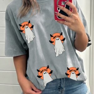 Gray Halloween Ghost Print Short Sleeve Loose Fit T Shirt