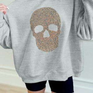 Gray Halloween Rhinestone Skull Graphic Mock Neck Baggy Pullover Sweatshirt