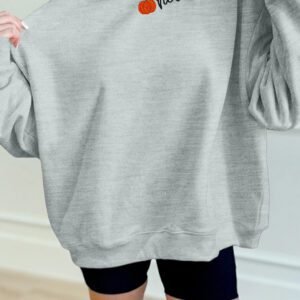 Gray hello fall Embroidered Pumpkin Detail Mock Neck Sweatshirt