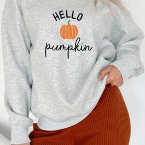 Gray HELLO Pumpkin Embroidered Pattern Casual Sweatshirt