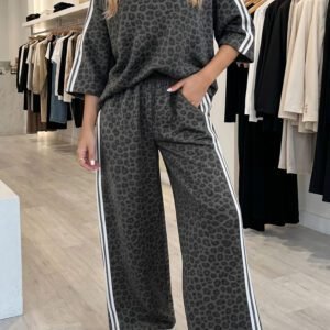 Gray Leopard Print Varsity Striped Detail 3/4 Sleeve Top Shift Pant Set